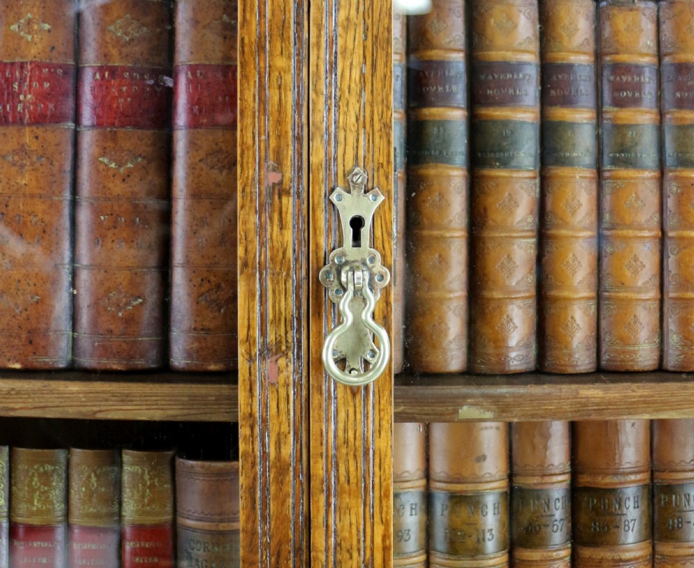 A pair of tall, narrow late Victorian oak glazed bookcases with spindle gallery tops and lower panelled cupboard bases. View XVII