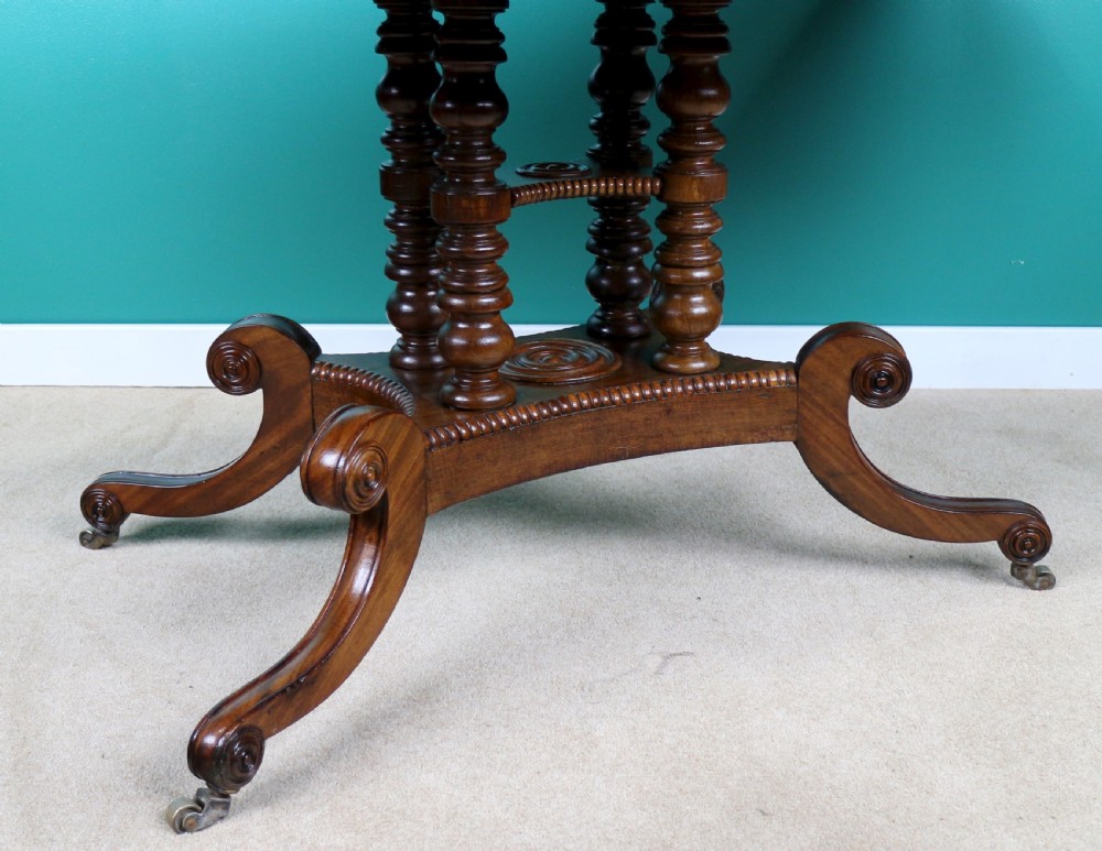 A Regency mahogany and rosewood crossbanded sofa table featuring drop leaves, bead-moulded frieze drawers, turned support pillars, and splayed legs on brass castors. View XXV