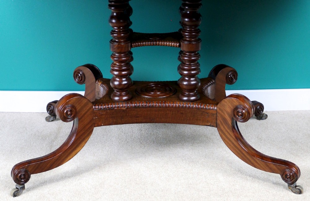 A Regency mahogany and rosewood crossbanded sofa table featuring drop leaves, bead-moulded frieze drawers, turned support pillars, and splayed legs on brass castors. View XXVII