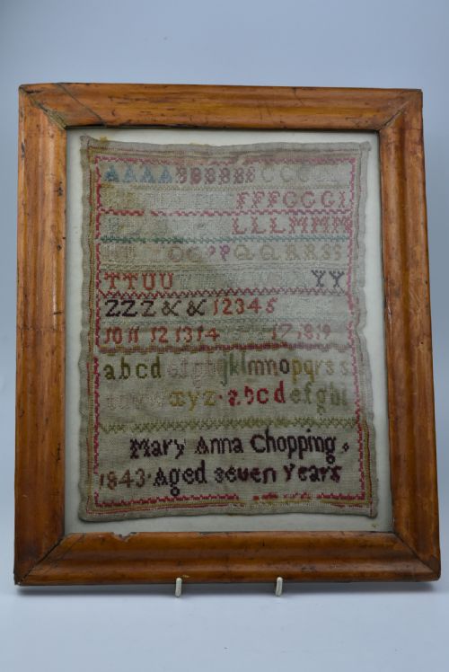 Delightful Alphabet Sampler Dated 1843 in Maple Veneered Frame