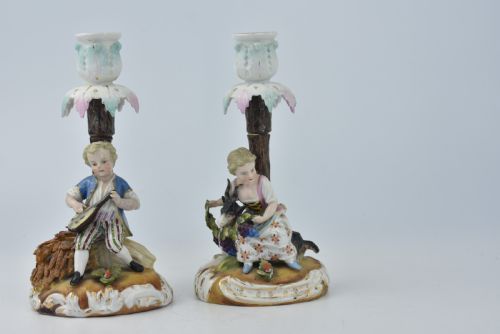 Delightful Pair of Sitzendorf Porcelain Figural Candlesticks C1880