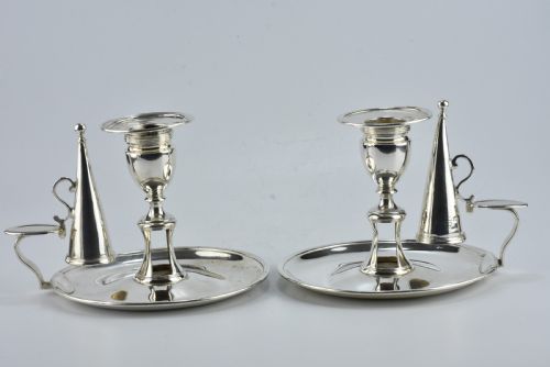 Fine Rare Matching Pair of of John Emes George III Sterling Silver Chamber Sticks 1807