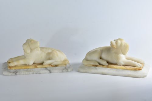 Fine Pair of Vintage Carved Alabaster Recumbent Dogs on a Marble Base C1900