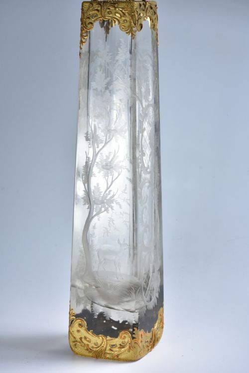 Stunning Large Moser/harrach 19thc Heavily Engraved Crystal & Gilded Vase