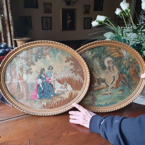 Exquisite Pair of Georgian Antique Silk-work Embroideries