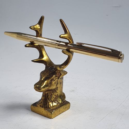 Antique Brass Stags Head Desk Top Pen Holder C1920