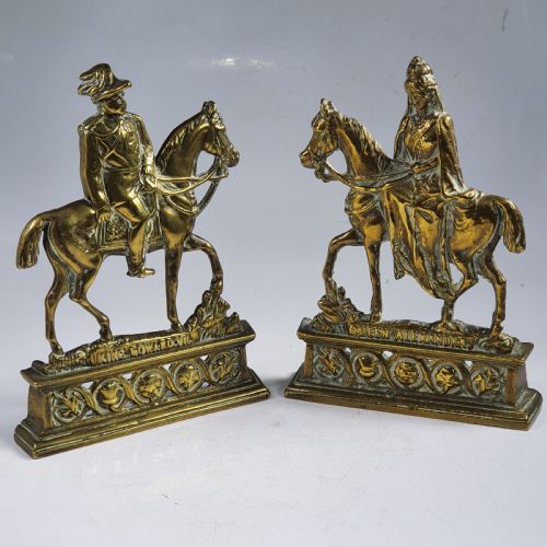 Rare Pair of Antique English Royal Edwardian Brass Chimney Ornaments ~ “King Edward VII & Queen Alexandra”