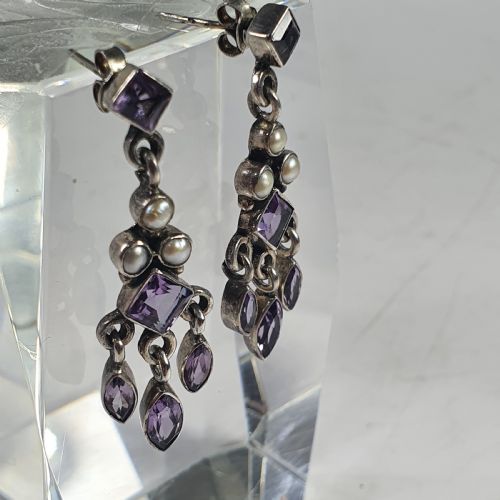 Antique Nouveau Pair of Amethyst & Seed Pearl Earrings C1910
