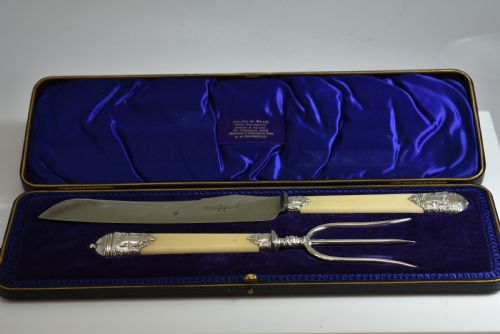 Large Victorian Ivory Handled & Silver Mounted Carving Set C1899