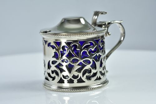 Large 19thc Silver Plated Mustard & Blue Glass Liner - Immaculate