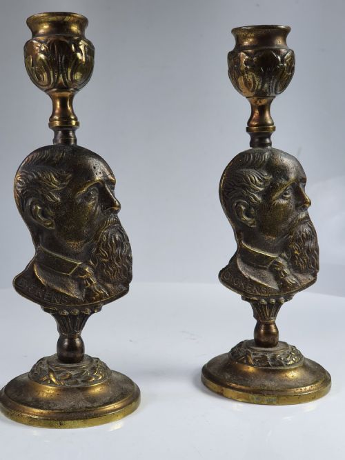Rare Victorian Pair of Brass "Charles Dickens" Candlesticks