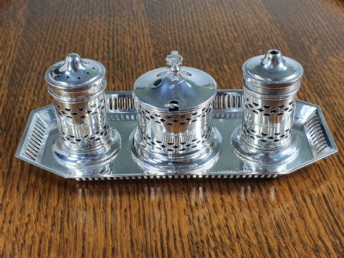 Beautiful Quality Antique Solid Silver Cruet Set & Tray 1934