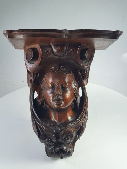 Superb Quality Large 19thc Carved Female Head Oak Shelf Bracket