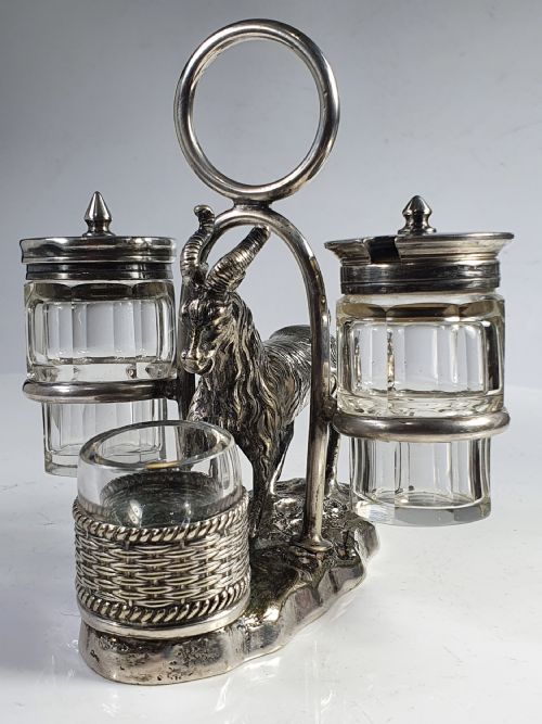 Exquisite 19thc Rare Sp Cruet Stand with Goat Carrying Condiments