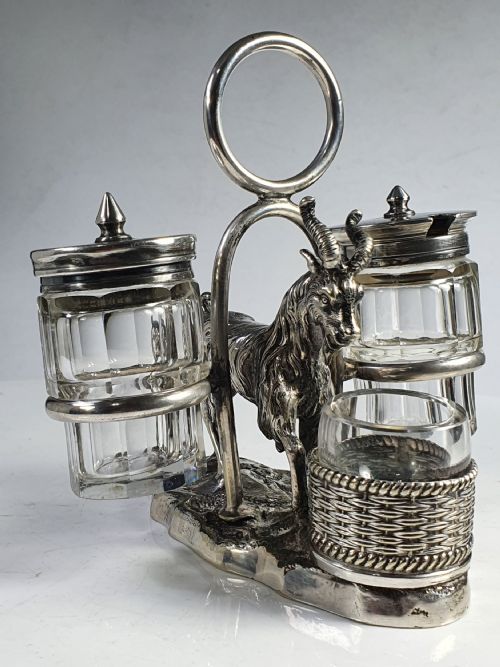 fig 1. Exquisite 19thc Rare Sp Cruet Stand with Goat Carrying condiments 