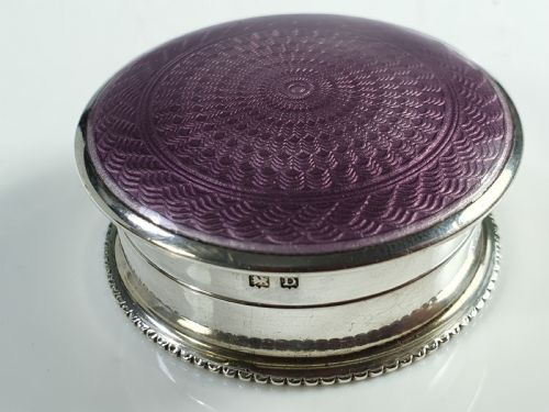 Exquisite Large Lilac Enamel & Silver Pill Box Birm 1929