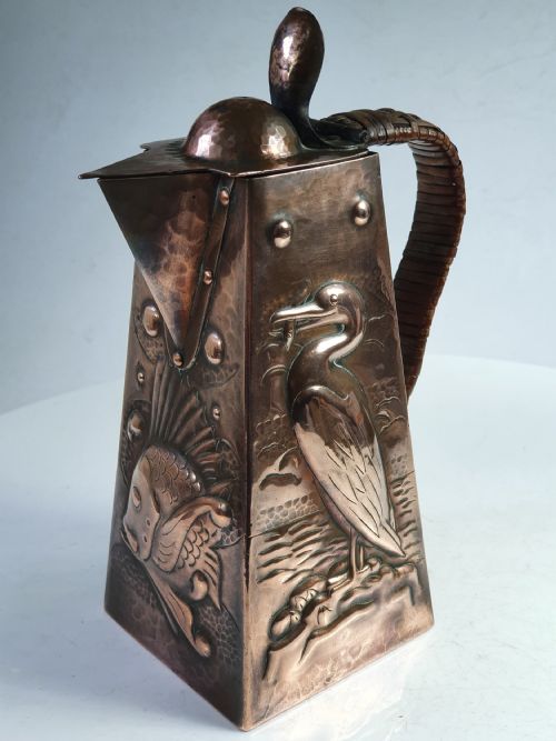 A Very Stylised Signed Newlyn Copper Hot Water Jug of Tapering Square Section Form with Hinged Domed  Lid