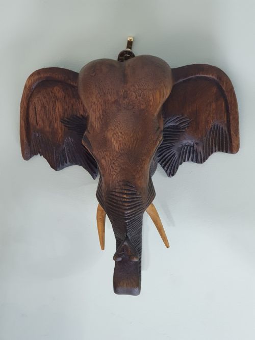 Fabulous Large Wall Mounted Vintage Carved Wooden Elephants Head C1920
