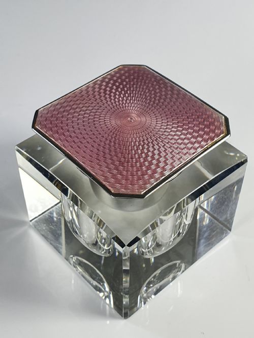 Exquisite Art Deco Guilloche Pink Enamel & Silver Top Cut Glass Inkwell Birm 1929