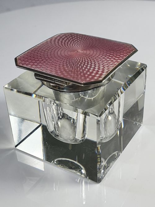 fig 1. Exquisite Art Deco Guilloche Pink Enamel & Silver Top Cut Glass Inkwell Birm 1929