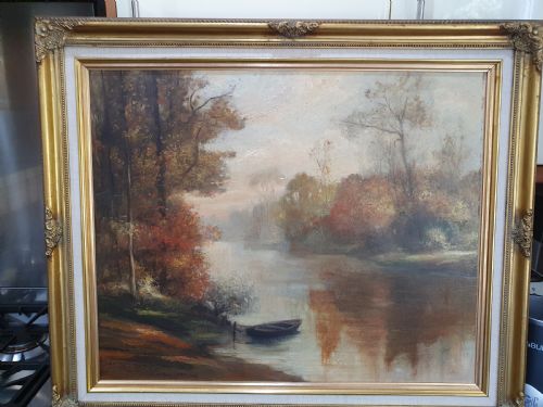 Delightful Large P.franc Lamy Signed Oil on Canvas Riverscape C1902