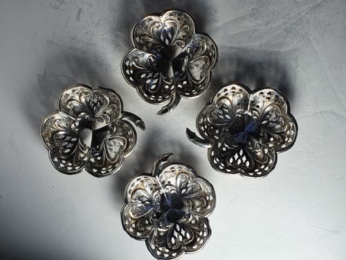 Exquisite Antique of Set 4 X Hm Sterling Silver Shamrock Dishes