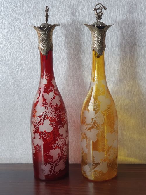 Stunning Pair of Late 19thc Bohemian Coloured Engraved Glass Decanters