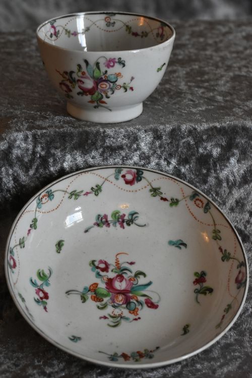English 18th Century Tea Bowl & Saucer Florally Painted Design