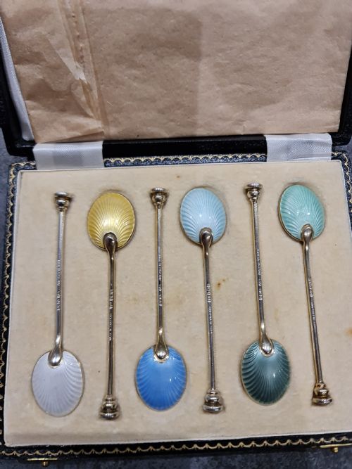 Exceptional Quality Hm Silver Gilt & Guilloche Enamel Coffee Spoons