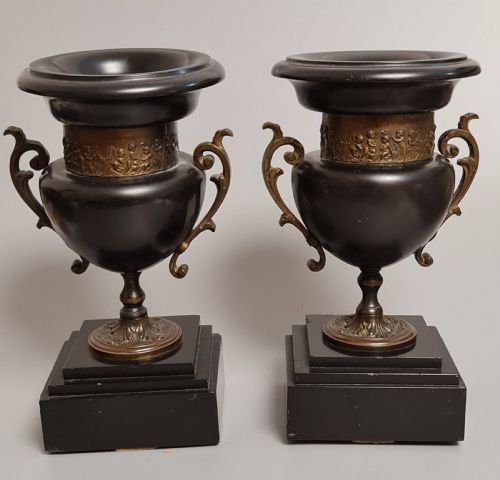 Impressive 19thc Pair of Black Marble/stone Urns with Gilt Metal/bronze Friezes