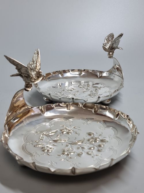 Exceptional Pr Silver Plated Art Nouveau Serving Dishes with Bird Handles C1900