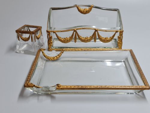 19thc Antique French Gilt Bronze Ormolu & Cut Crystal Desk Set - Letter Rack Holder, Pen/note Tray & Pot