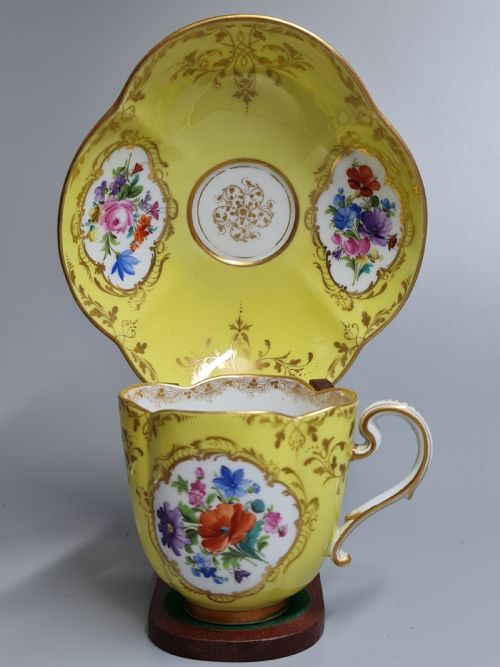 Large Meissen Quatrefoil Demitasse Cup & Saucer Canary Yellow Gold & Floral