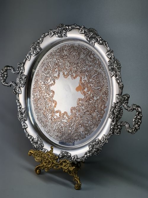 Beautiful Silver Plate on Copper Drinks Serving Tray C1920
