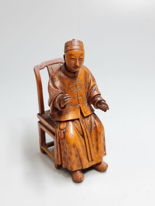 Very Finely Carved Oriental Wooden Figure of a Seated Man on a Chair C1900