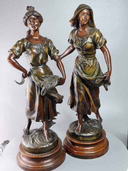 Pair of Large Bronzed Spelter Figures Depicting Spring and Autumn After Sylvain Kinsburger (1855-1935)