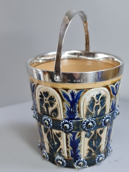 Beautiful Doulton Lambeth Edith Lupton Silver Mounted Ice Bucket C1880