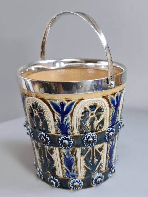 fig 1. Beautiful Doulton Lambeth Edith Lupton Silver Mounted Ice Bucket c1880