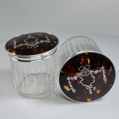 Exceptional  Charles & Richard Comyns`pr of Hm Silver/tortoiseshell & Cut Glass Pots