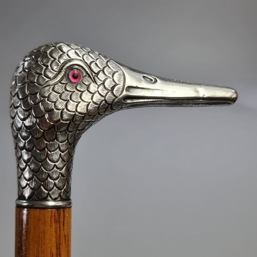 Stunning Victorian Hm Silver Duck Head with Glass Eyes Cane