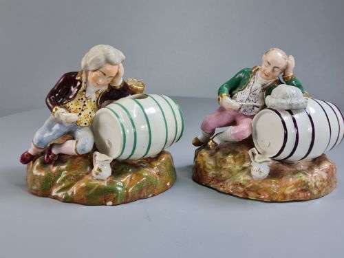 Unusual Early 19thc Pair of Porcelain Inkwells Formed as Barrels & Figures by Dudson