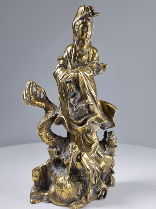 Antique  Polished Bronze Kwan Yin with a Dragon Statue 9 Inch