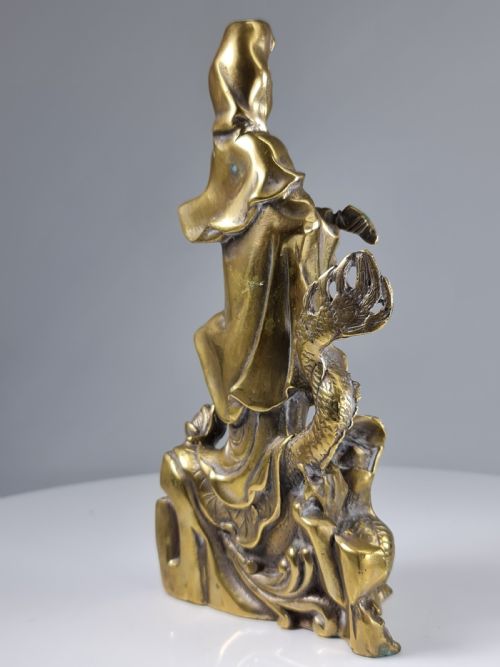 fig 3. Antique  Polished Bronze Kwan yin with a dragon statue 9 inch