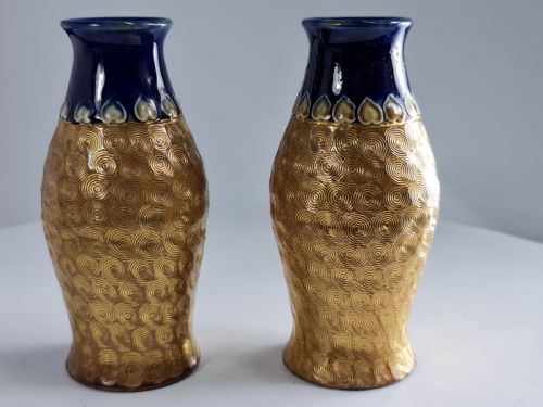 Arts & Crafts Pr of Royal Doulton Gold Swirl Pattern Vases by Lily Partington C1910