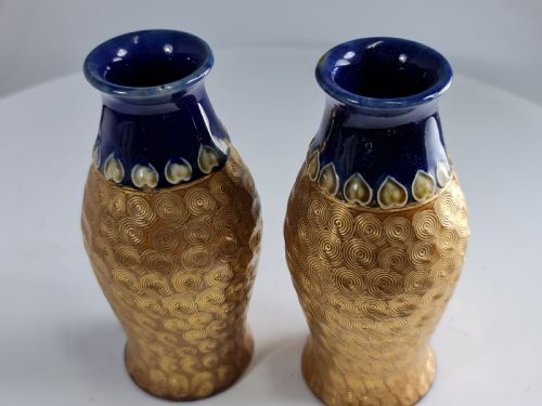 fig 1. Arts & Crafts Pr of Royal Doulton gold swirl pattern vases by Lily Partington c1910