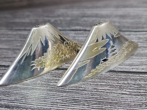 Interesting Vintage Pr of Japanese Sterling Silver Cruets Formed as Mount Fuji