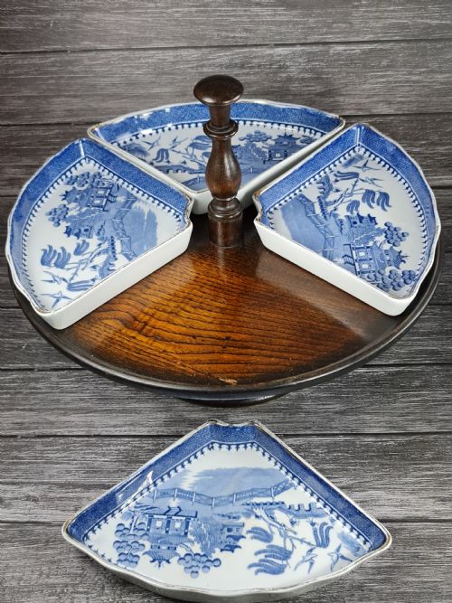 Antique Oak Lazy Susan with Four Waring & Gillow Minton Quarter Dishes  C1920