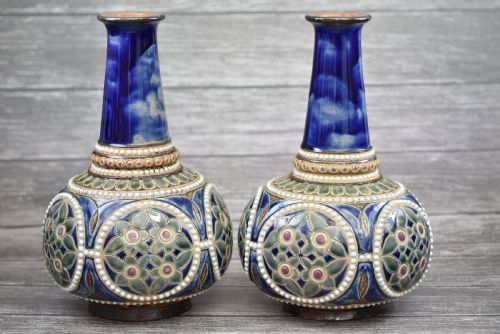 Stunning Pair of Doulton Lambeth Bottle Shaped Vases C1880s
