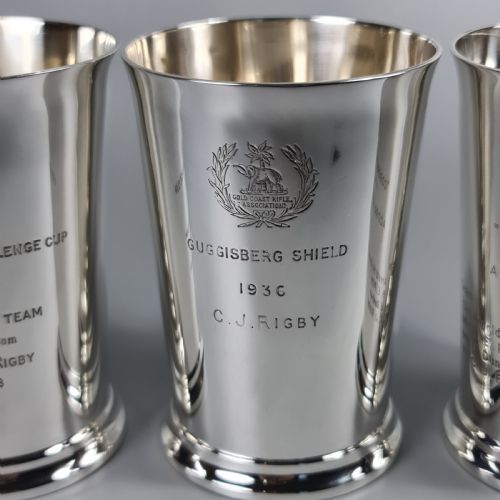 fig 1. Exceptional Group of 4 x HM Silver Elkington & Co Rifle Presentation Beakers
