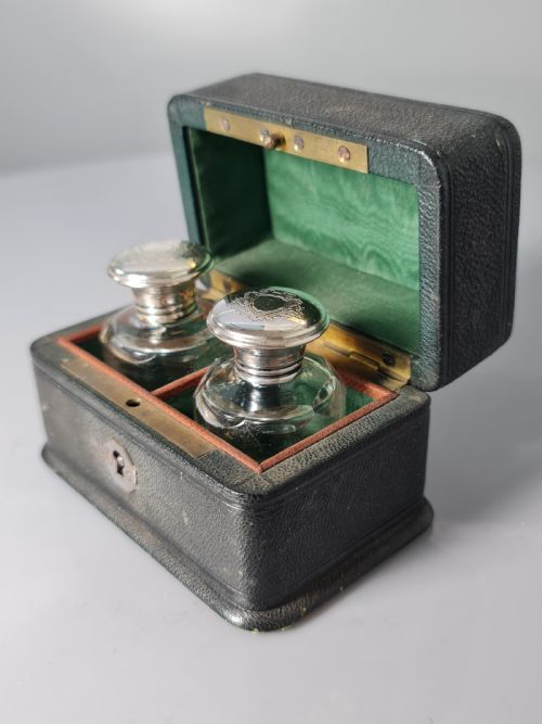 Victorian Cut Glass & Silver Plate Pr Leather Cased Scents C1880